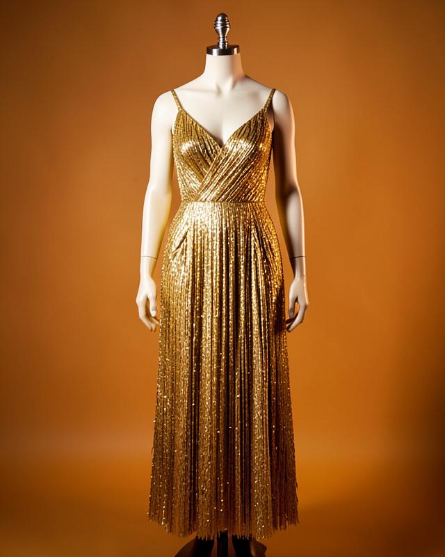 Vestido de festa com franjas douradas em manequim